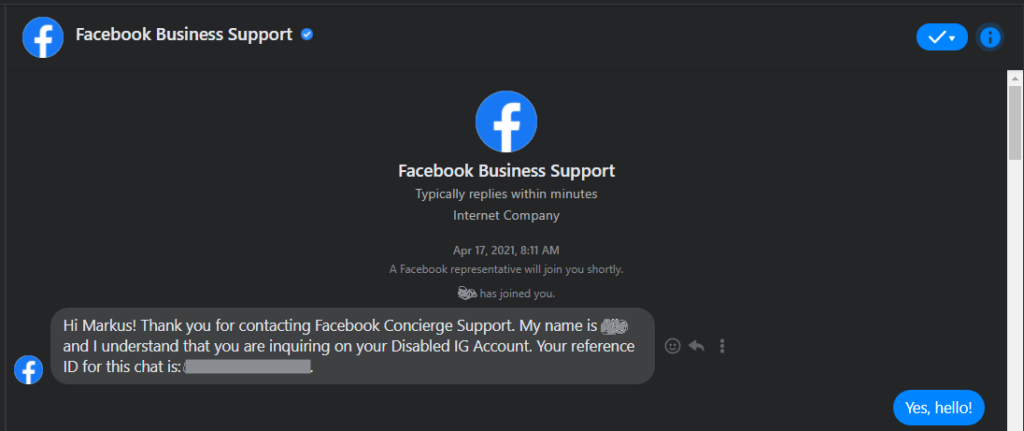 Facebook business support chat