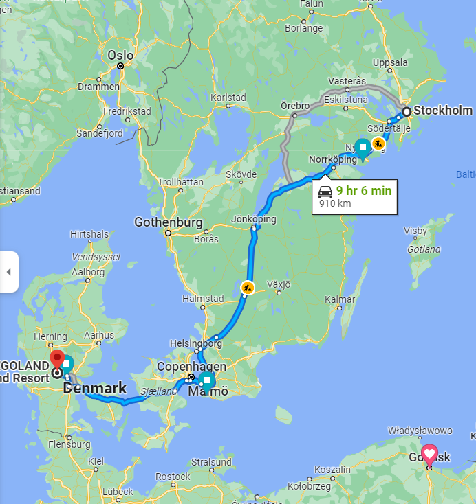 Reitti Tukholmasta autolla Legolandiin Google Mapsissa