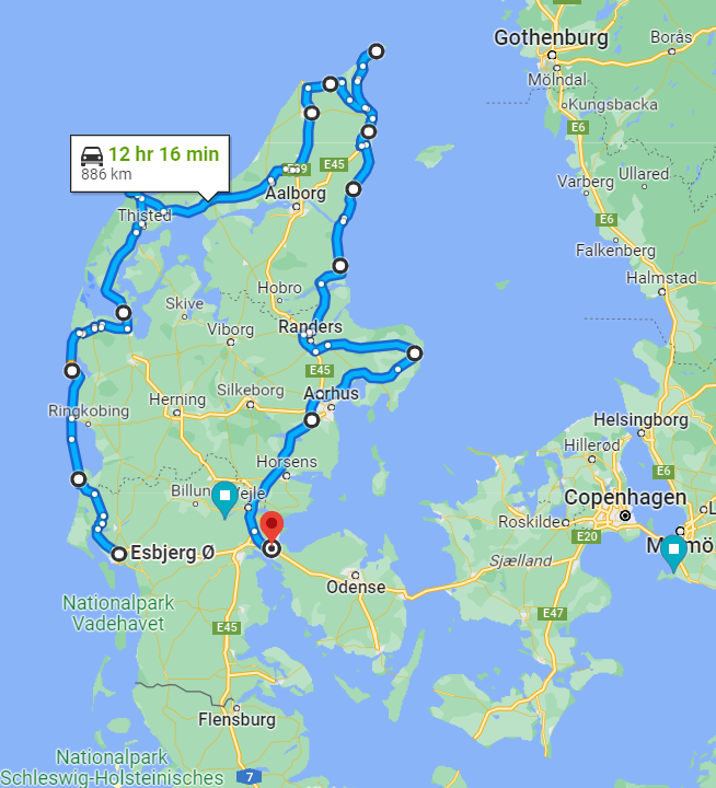 Reitti Tanskan ympäri Google Mapsissa