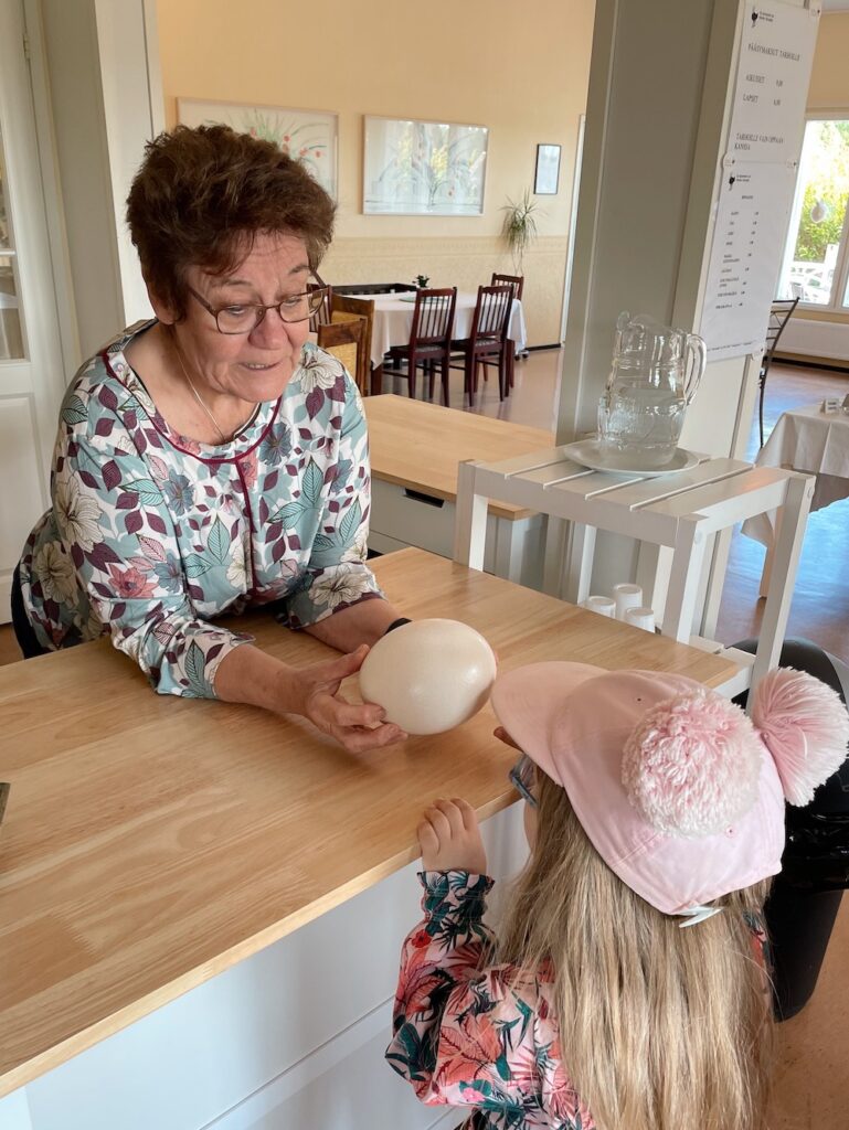 Strutsin munaa ihmettelemässä.