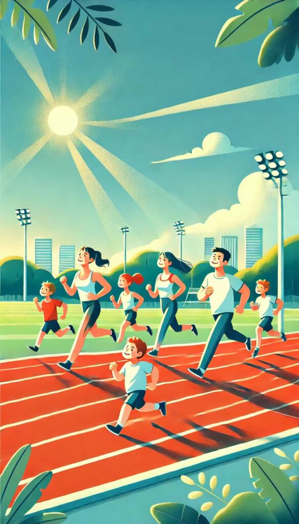 Yleisurheilukentällä perheen kanssa.